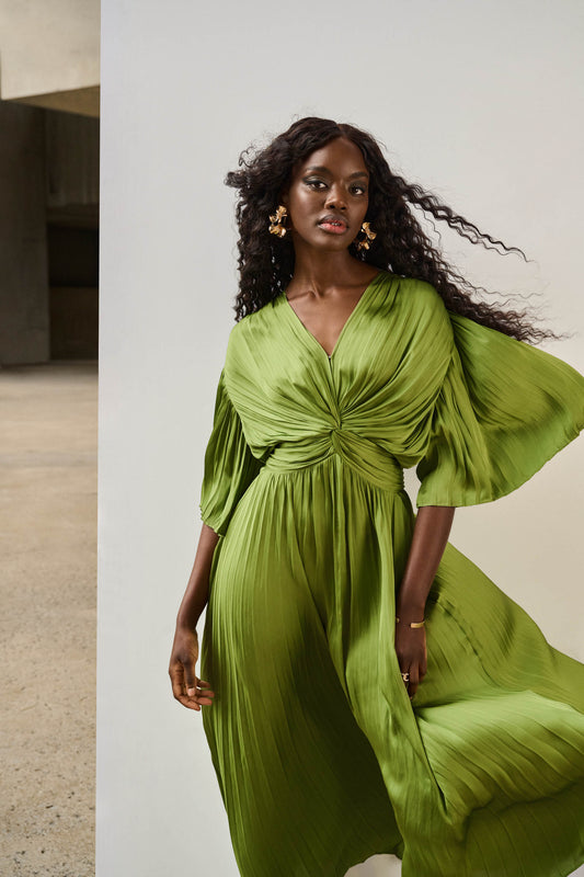 PLEAT SATIN MIDI DRESS GREENERY (AUGUST DELIVERY)