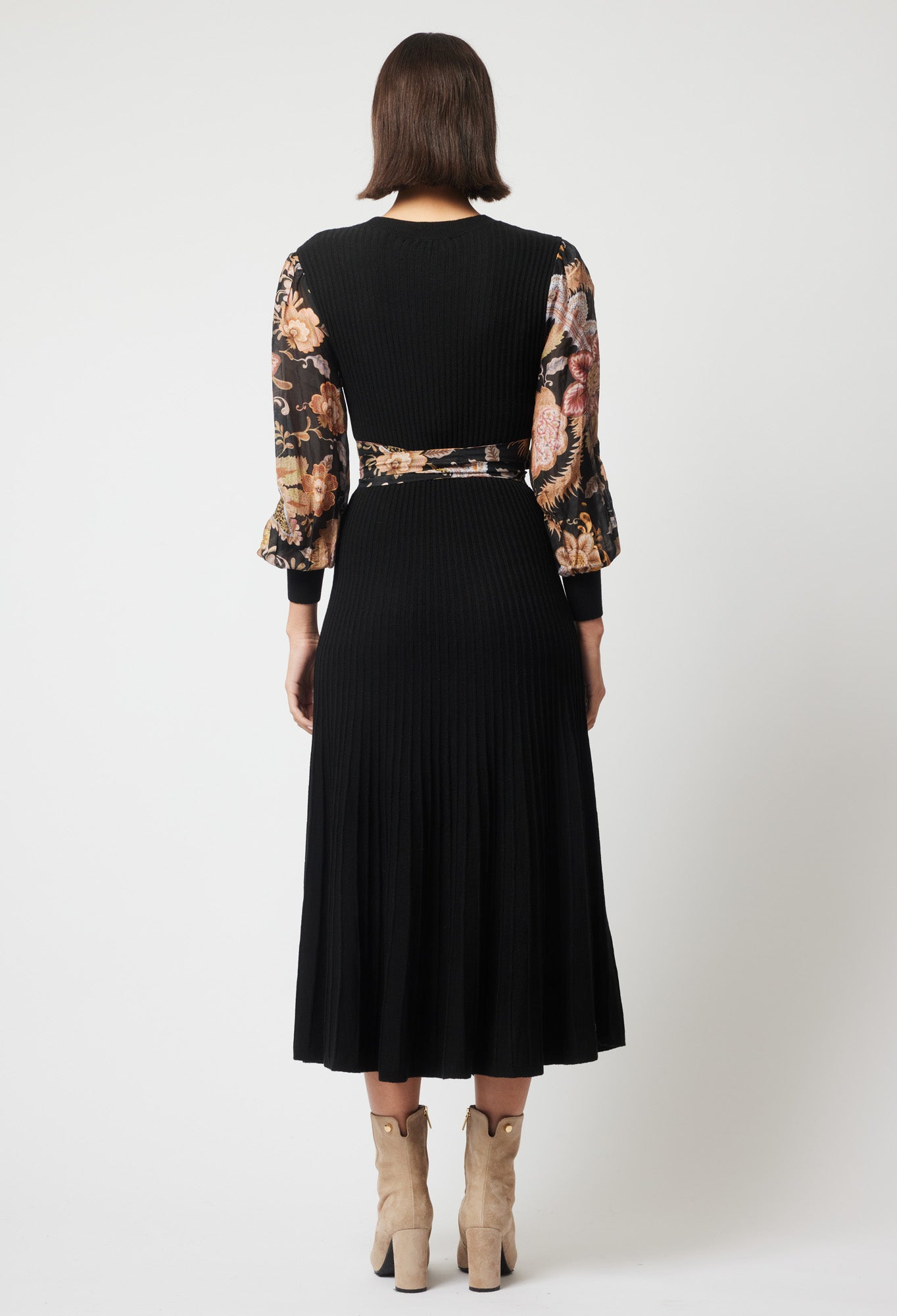 EMPRESS MERINO WOOL KNIT DRESS IN BLACK/WINTER FLORAL