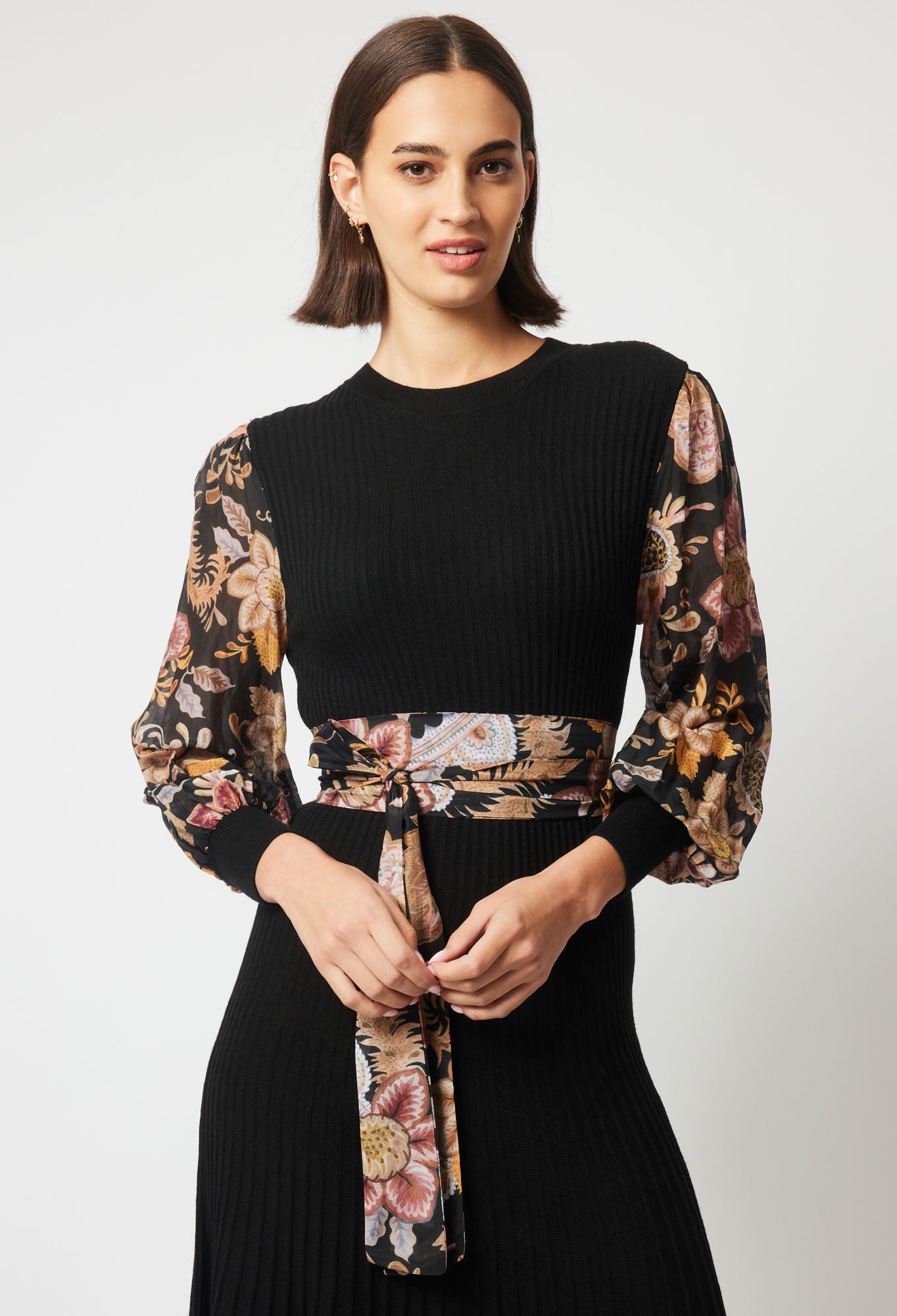 EMPRESS MERINO WOOL KNIT DRESS IN BLACK/WINTER FLORAL