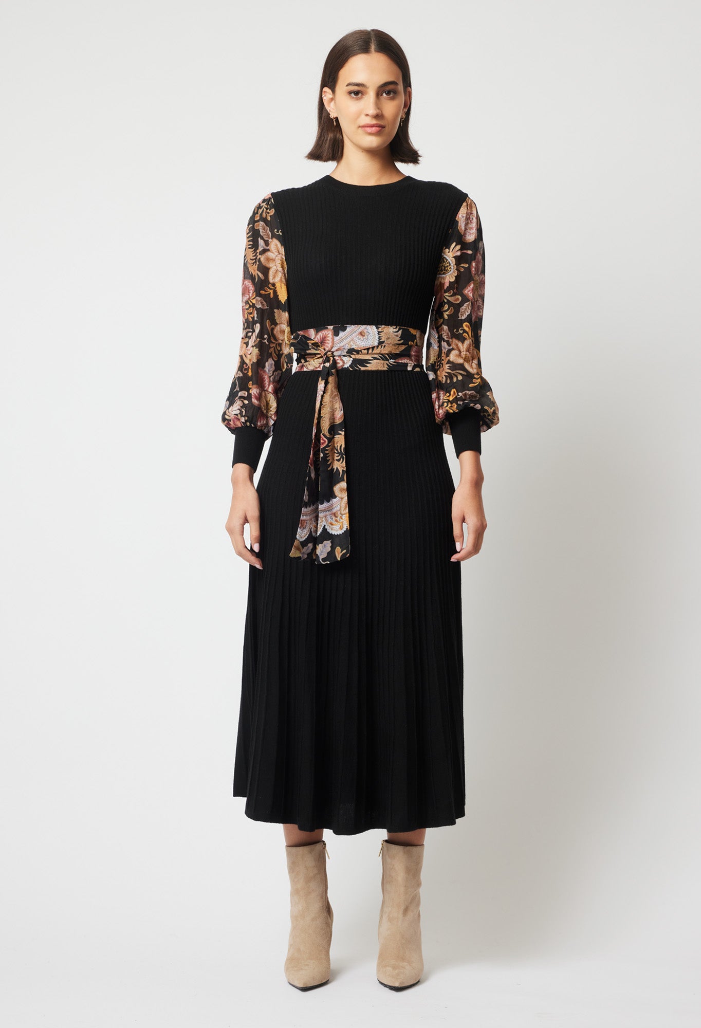 EMPRESS MERINO WOOL KNIT DRESS IN BLACK/WINTER FLORAL