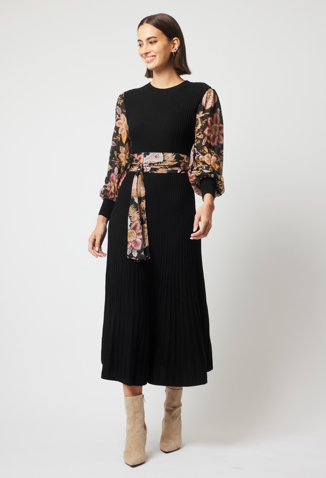 EMPRESS MERINO WOOL KNIT DRESS IN BLACK/WINTER FLORAL