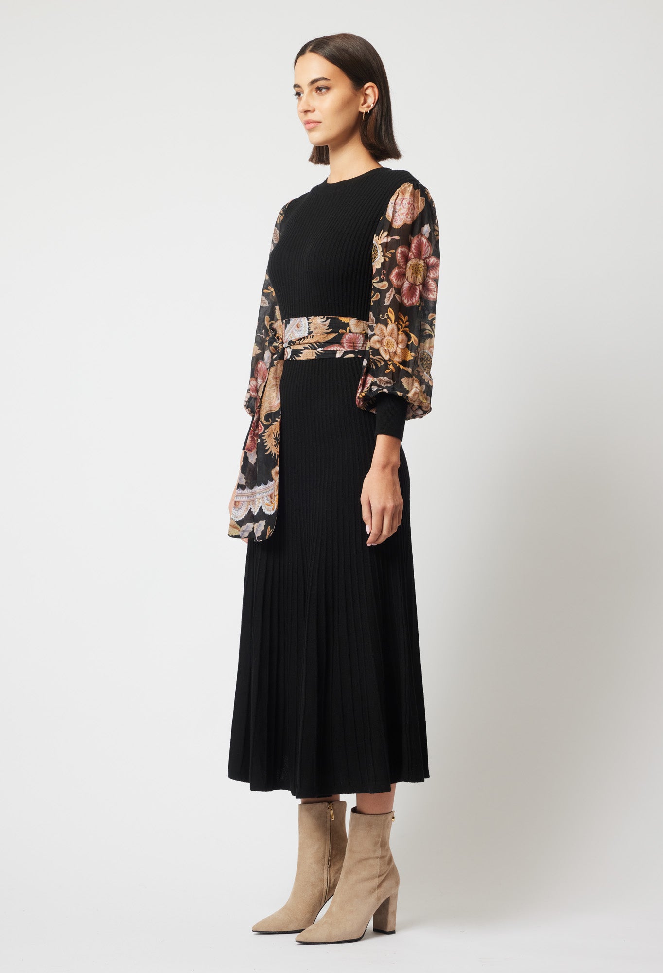 EMPRESS MERINO WOOL KNIT DRESS IN BLACK/WINTER FLORAL