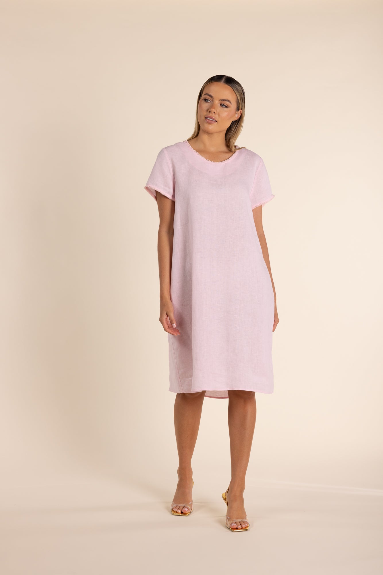 LINEN DRESS WITH FRINGE TRIM DETAIL ROSE PINK