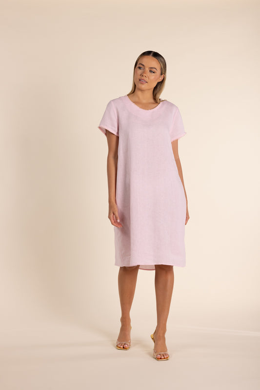 LINEN DRESS WITH FRINGE TRIM DETAIL ROSE PINK